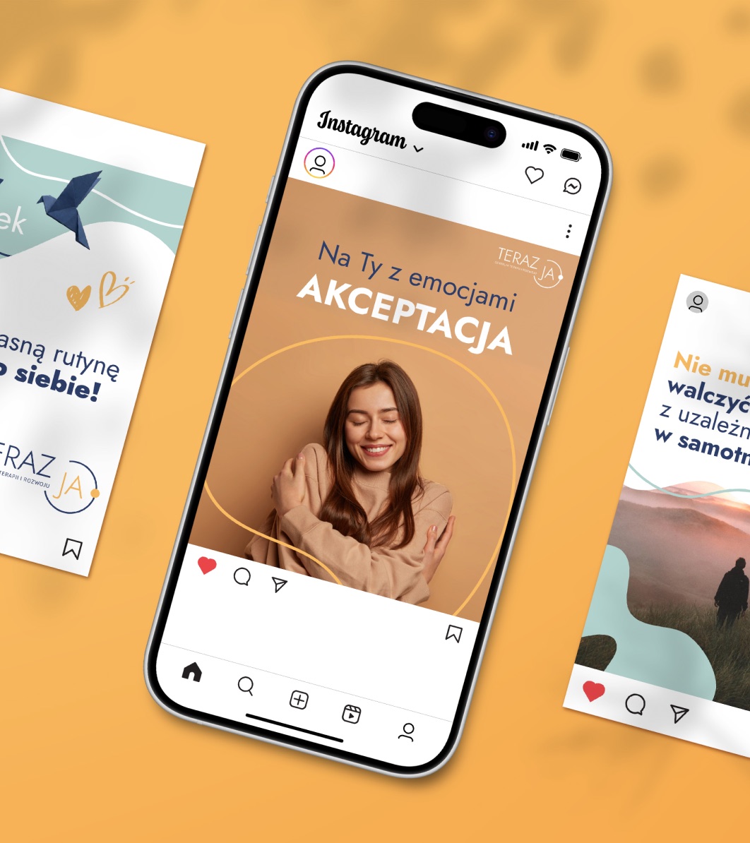 Posty na Instagramie przygotowane dla centrum Teraz Ja na ekranie telefonu