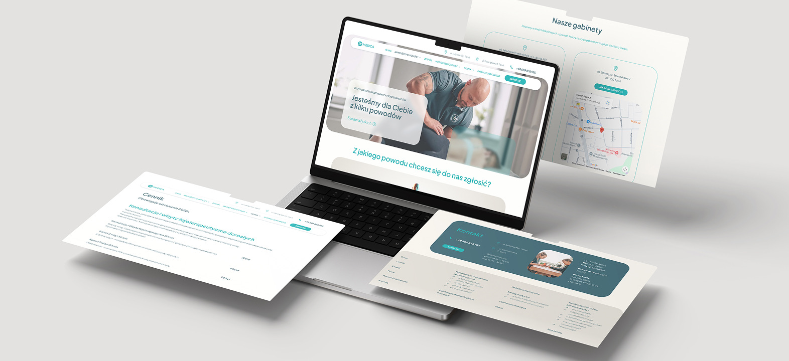 Mockup strony internetowej CP Medica na laptopie i kartach podstron